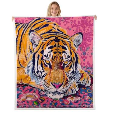 Imagem de jejeloiu Cobertor de lã de tigre boêmio solteiro 152 cm x 203 cm crianças rosa damasco animal selvagem pelúcia sherpa cobertor felpudo meninos meninas adolescentes impressão boho vida selvagem para