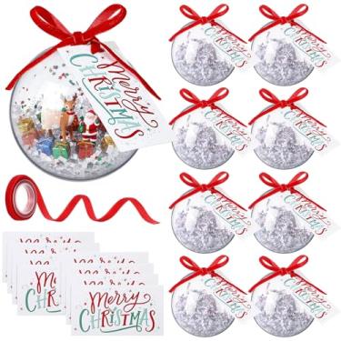 Imagem de Soulchen 8 conjuntos de enfeites de plástico transparente preenchíveis caixas de bola de artesanato DIY transparentes com etiquetas fita e ráfia para decoração de festa de Natal presentes