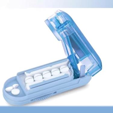 Imagem de Cortador de comprimidos para comprimidos pequenos e pequenos, cortador de comprimidos ajustável que pode cortar vários comprimidos ao meio ao mesmo tempo, com lâmina de segurança afiada - azul