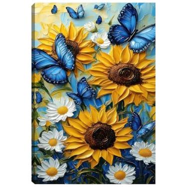 Imagem de Arte de parede em tela de borboleta azul óleo 2D, pôster de pintura de girassol, imagem com estampa de margarida para sala de estar, banheiro, quarto, decoração de casa, 40,6 x 61 cm (tela esticada em