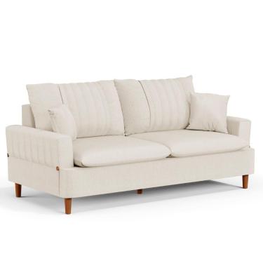 Imagem de Sofá 180cm 3 Lugares Com Almofadas Pés Curvos Veras Linho D05 Cru - Mpozenato