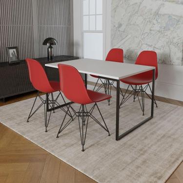 Imagem de Mesa Industrial Base Ferro Preto 137X90 Tampo Branco 4 Cadeiras Eiffel Ferro Preto Assento Vermelho