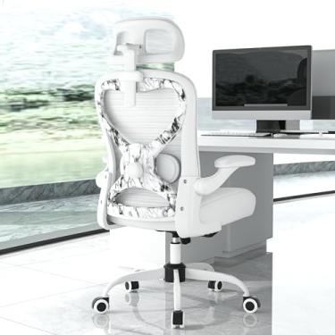 Imagem de Cadeiras de mesa de escritório em casa, cadeira de escritório ergonômica com suporte lombar e encosto de cabeça 3D, cadeira de mesa de computador com apoios de braço flip-up, perfeita para escritório