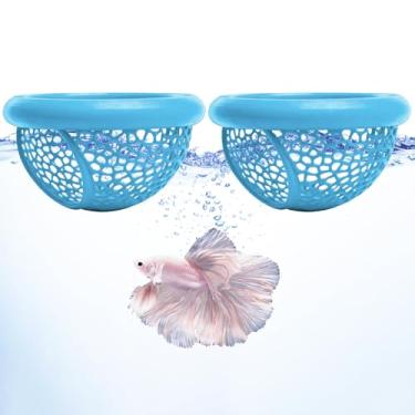 Imagem de Frstem 2 peças de rede flutuante Betta e caverna de camarão, acessórios impressos em 3D, decoração de aquário com anel de alimentação de peixes, esconderijo para Betta, camarão e aquário pequeno (azul