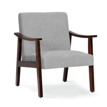 Imagem de Athena Collection Cadeiras modernas de meados do século, cadeiras de braço de leitura de tecido de linho para adultos com apoio de braço e pernas de madeira, poltronas estofadas confortáveis para sala