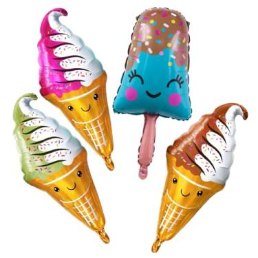 Imagem de Pacote com 4 balões de festa com tema de sorvete, decorações de aniversário de verão, chás de bebê, revelações de gênero e celebrações infantis, balões grandes de folha de Mylar com desenhos de picolé
