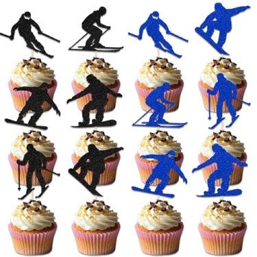 Imagem de LANKBACK 24 peças de enfeite de cupcake de jogador de esqui inverno esporte esqui decoração suprimentos inverno homens mulheres esqui festa de aniversário suprimentos azul preto