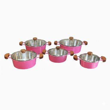 Imagem de Jogo 5 Peças Panelas De Alumínio Fundido Tampa De Vidro Rosa