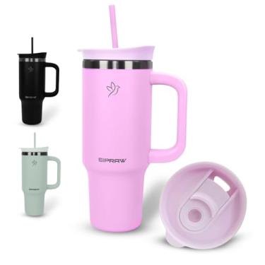 Imagem de Sipraw Copo com alça, copo isolado à prova de vazamento com tampa e canudo, caneca de café de viagem de aço inoxidável, compatível com porta-copos, perfeito para acampamento, viagem e presente, 850 g