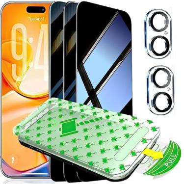Imagem de ARERCO Pacote com 3 protetores de tela de privacidade + 2 lentes de câmera 9H + vidro de cobertura completa para iPhone 16 Plus, grau militar, à prova de estilhaçamento, 100% antiespião, temperado
