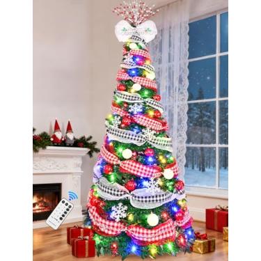 Imagem de Livelo Árvore de Natal pré-decorada pop-up de 1,8 m, árvore de Natal artificial fácil e dobrável com bolas de fita xadrez de búfalo, laço, flocos de neve, ornamentos de bagas
