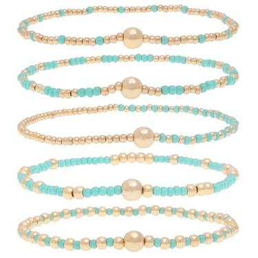 Imagem de Liiusgelad Conjunto de pulseiras de resina multicamadas Bohemia, pulseiras de amizade empilháveis com contas douradas para mulheres, pulseiras ajustáveis de surfista para verão, praia, boho, férias