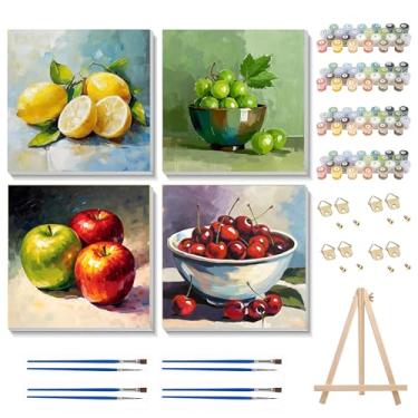 Imagem de Ycydilirab Pacote com 4 kit de pintura de frutas por números para adultos com cavalete de madeira emoldurado - Pintura de frutas para adultos por número, tela para adultos, presentes para decoração de