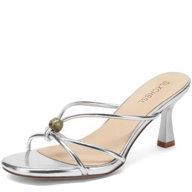 Imagem de SLXCHBSL Sandálias femininas de salto gatinho bico aberto redondo com tiras de salto baixo sem cadarço para vestido casual festa casamento confortável verão mules sapatos, Prata, 37