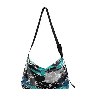 Imagem de Bolsas femininas de couro fofas buldogue Hobo grandes bolsas de ombro com estampa animal chique, Estampa de dinossauro preta e azul