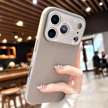 Imagem de Capa feminina em couro PU com detalhes em diamante para iPhone 17 Pro Max, 16, 15, 14, 13, ProMax e 17Pro. Capa protetora macia e resistente a impactos, na cor cinza.