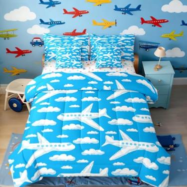 Imagem de Erosebridal Jogo de cama de casal com desenho animado de avião e 7 peças, branco e azul, para crianças e adultos, avião voando, nuvens, edredom e lençol de cama desenhado à mão