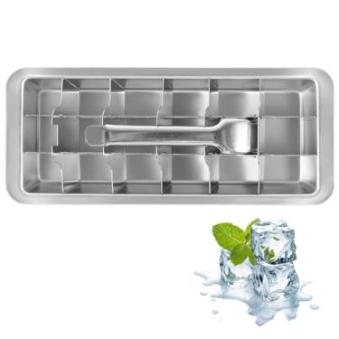 Imagem de Bandeja de cubo de gelo de aço inoxidável com alça, moldes de bloco de gelo fáceis de liberar com 18 compartimentos para fazer gelo rapidamente, molde de cubo de gelo quadrado eficiente para bebidas e