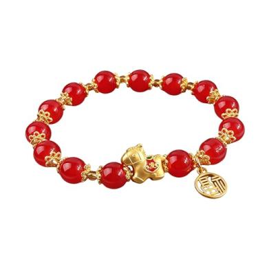 Imagem de Fuqimanman2020 Pulseira de cavalo de ano novo chinês de 2026 Fengshui com contas vermelhas boa sorte pulseira de ouro com pingente de cavalo, Medium, Zinco, Sem Pedra Preciosa