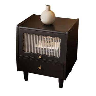 Imagem de Simple Modern Wood Bedside Tables, Glass/rattan Doors, Double Drawer Storage Design, Thickened Cabinet Legs, Countertop Side Panels, Suitable for Bedrooms(B)