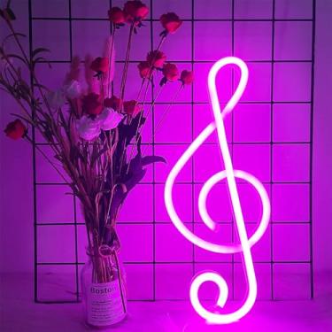 Imagem de ENUOLI Letreiros De Neon Led Rosa Em Formato Nota Musical Enuoli, Decoração Com Luz Noturna, Funciona Usb Ou Pilhas, Para Presente Natal, Casamento, Aniversário, Pub, Quarto Infantil