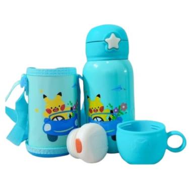 Imagem de Garrafa Térmica Infantil 500 ml Aço Inox Com Bolsa Canudo e Caneca Garrafinha Escolar Infantil (Azul Claro)