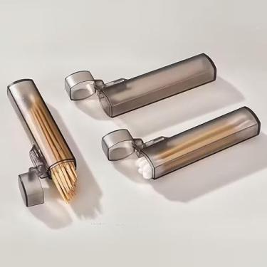 Imagem de Porta-palitos de plástico portátil e cotonete, conjunto de 2 com design cilíndrico de metal