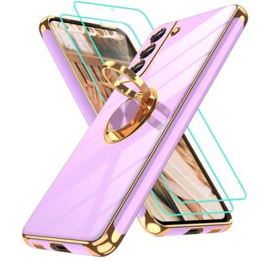 Imagem de Gritup Capa para Samsung Galaxy S21 FE | 2 peças protetoras de tela | Suporte magnético de rotação de 360°, capa protetora à prova de choque de TPU macio com borda dourada banhada a ouro para S21 FE