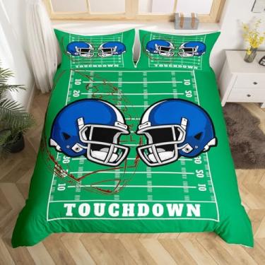 Imagem de Manfei Jogo de cama com capacete de rúgbi, tema esportivo, futebol, capa de edredom queen size para quadra de rúgbi, azul, verde, decoração de quarto de meninas e meninos com 2 fronhas (sem edredom)