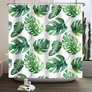 Imagem de Cortina de chuveiro com folhas de palmeira verde aquarela moderna decoração de casa cortina de banheiro de poliéster impermeável com ganchos 107 x 205 cm/LxA cortina de chuveiro de tecido impermeável