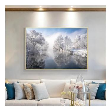 Imagem de Winter River Trees Modern Photography Wall Canvas Print Poster Art Nature Scenery Picture for Living Room Home Decor - (75 x 100 cm) Moldura interna de 76 x 99 cm