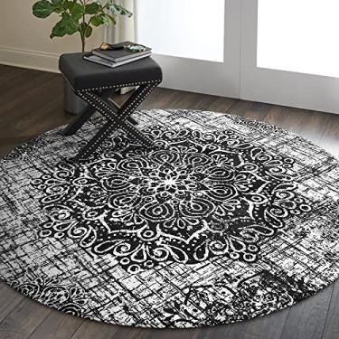 Imagem de Lahome Tapetes redondos medalhão vintage – Tapete redondo pequeno lavável de 1,2 m, antiderrapante, tapete redondo macio, estampa preta, tapete redondo envelhecido para entrada, cozinha, escritório, quarto, sala de jantar