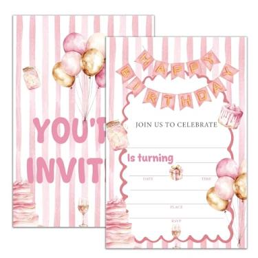 Imagem de Moonle Convites de festa de feliz aniversário rosa, convites de aniversário de bolo de balão para meninas e meninos, 20 cartões de convites de festa estilo preenchimento com envelopes, suprimentos de