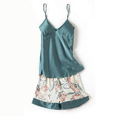 Imagem de HHHJQFAAT Pijama feminino de cetim curto quimono robe pijama vestido lingerie de renda conjunto roupão de banho camisola G preto - 4 peças (azul marinho b)