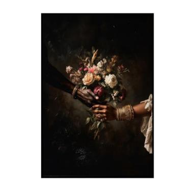 Imagem de ZHXICHEN Arte de parede em tela de casal afro-americano pintura romântica buquê vintage floral impressão em tela em tons escuros 40,6 x 61 cm sem moldura sala de estar quarto decoração de parede