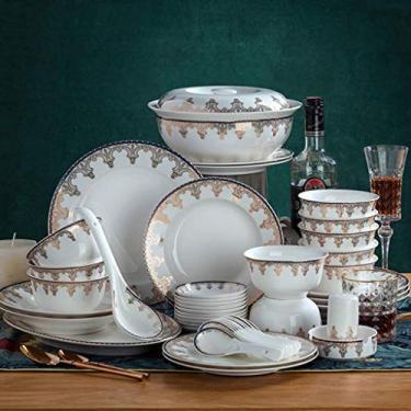 Imagem de Conjunto de louça de cerâmica com 46 peças de tigela/prato/pote de sopa/colher|Conjunto de combinação de porcelana com padrão dourado europeu