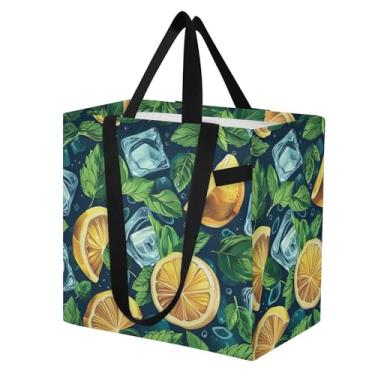 Imagem de SEHANY Sacolas de compras reutilizáveis de verão limão com alças reforçadas, bolsa de compras de lona dobrável à prova d'água de grande capacidade para viagem, cozinha, praia