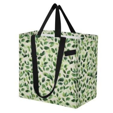 Imagem de SEHANY Sacolas de compras reutilizáveis de folhas verdes com alças reforçadas, bolsa de compras de lona dobrável à prova d'água de grande capacidade para viagem, cozinha, praia