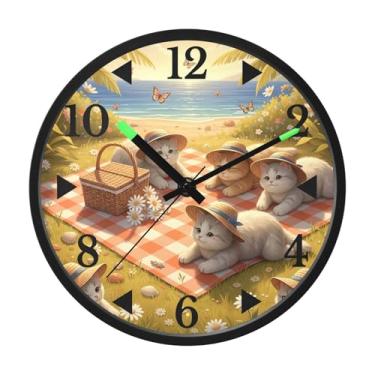 Imagem de STAYTOP Gato fofo para piquenique, relógio de parede LED para quarto com brilho noturno, relógios de parede silenciosos de 30 cm para decoração de sala de estar, controle de som, relógio de parede