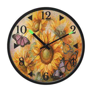 Imagem de STAYTOP Relógio de parede retrô de LED girassóis e borboletas para quarto com brilho noturno, relógios de parede silenciosos de 30,5 cm para decoração de sala de estar, controle de som, relógio de
