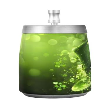 Imagem de STAYTOP Cinzeiro de chapéu de trevo da sorte do dia de São Patrício com tampa, bandeja de cinzeiro sem fumaça de aço inoxidável à prova de vento, cinzeiro grande para uso ao ar livre para decoração de