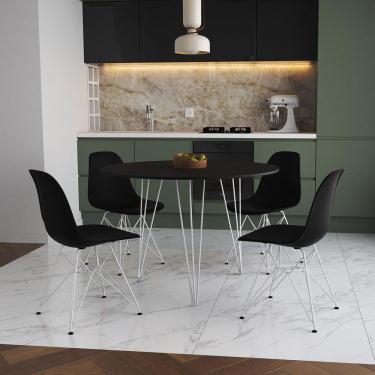 Imagem de Mesa De Jantar Redonda 90Cm Preta Clips 3 Pés Com 4 Cadeiras Pretas Ferro Branco Cor: Preto