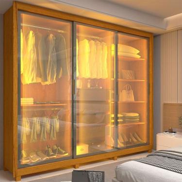 Imagem de Guarda-roupa Casal 3 Portas Reflecta com Led com Pés 100% Mdf Royale Naturale