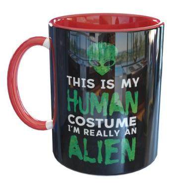 Imagem de Caneca Porcelana Alien Humano Engraçada Et - Pense Canecas, Vermelho