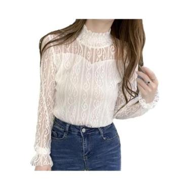 Imagem de Blusa Feminina De Renda Com Gola Alta E Manga Longa Transparente Estil