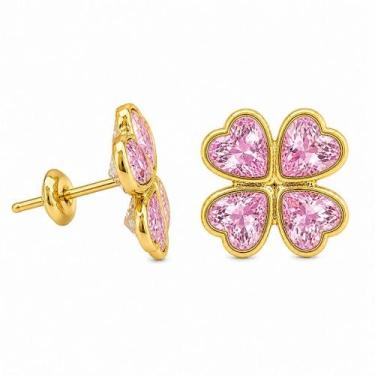 Imagem de Brinco em Ouro 18k com Zircônia Fixo Trevo - Par - Justino Ribas, Rosa