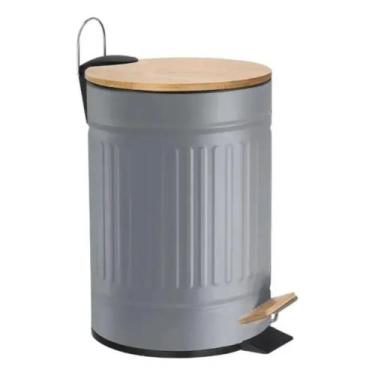 Imagem de Lixeira Fluted Cinza 12l Metal com Tampa de Bambu - JOLITEX TERNILLE