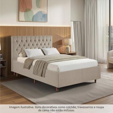 Imagem de Kit Cama Box Casal e Cabeceira em Madeira Maciça Estofada Espresso Móveis Linho Bege