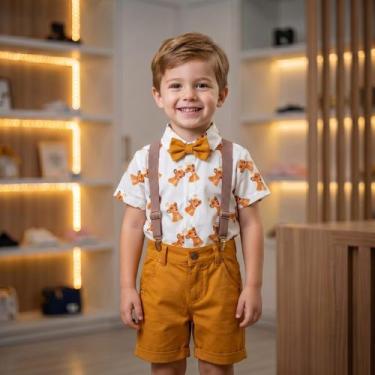Imagem de Conjunto Menino Infantil Luxo Temático Rei Leão Simba +Bermuda Caramel
