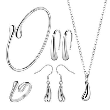 Imagem de Conjunto de 5 peças de joias de prata para mulheres, pingente de lágrima, colar com pingente, brincos, pulseira, anel, adequado para festas, reuniões, encontros, casamentos, aniversários